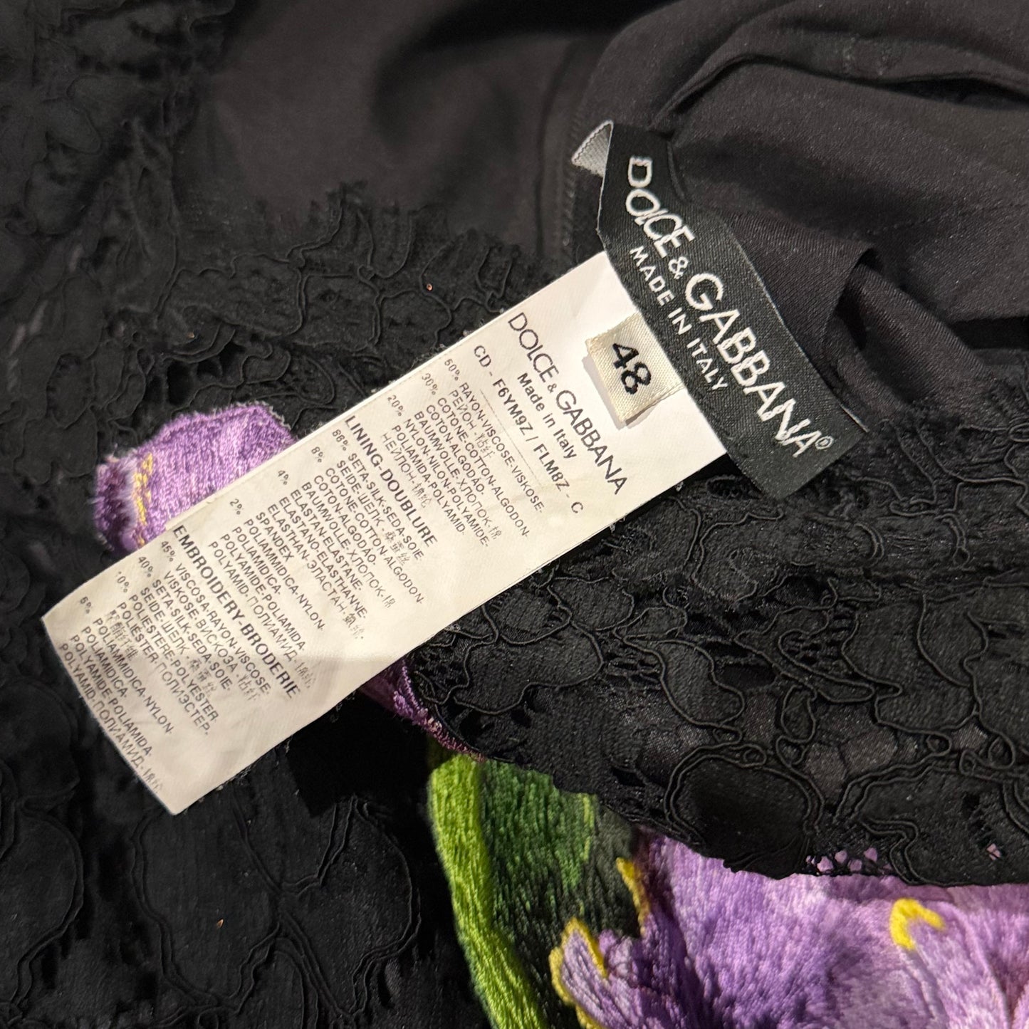 DOLCE & GABBANA - DRESS MIDI BLACK LACE EMBROIDERED PURPLE FLOWERS SIZE 48 IT