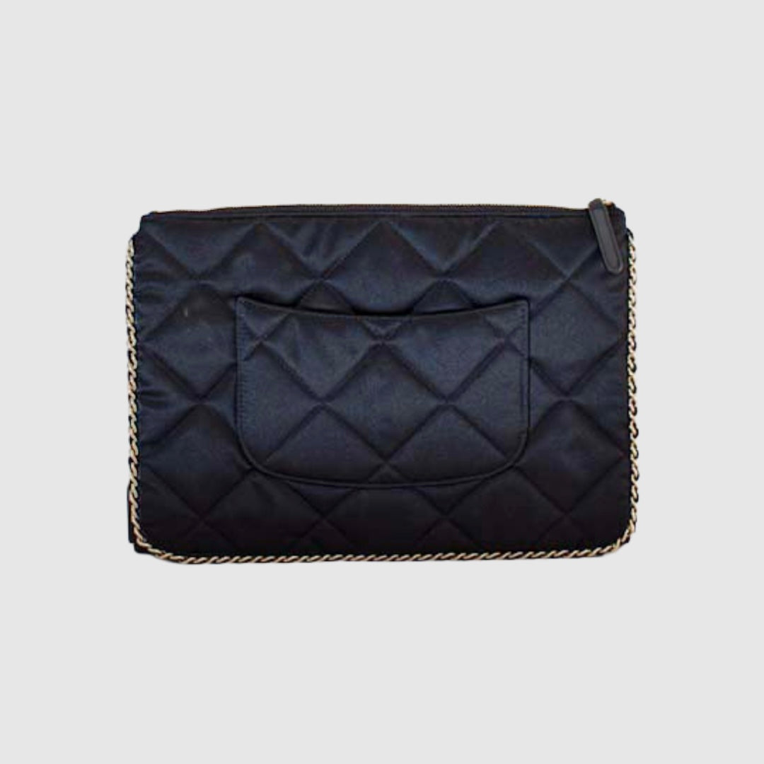 CHANEL - POUCH BLACK SATIN CHAIN-TRIM QUILTED