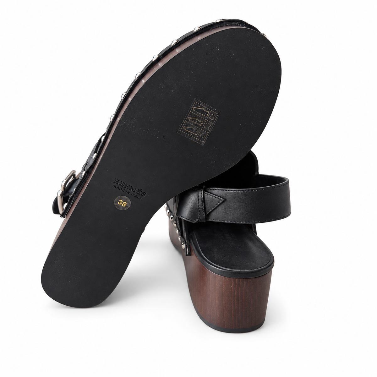 HERMÈS - SHOES CLOGS HIPPIE BLACK LEATHER WITH ASTROLOGIE BANDANA EMBROIDERY & WOODEN SOLES SIZE 38 EU