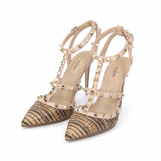 VALENTINO - PUMPS ROCKSTUD LIZARD LEATHER BEIGE & OLD ROSE SIZE 37 EU