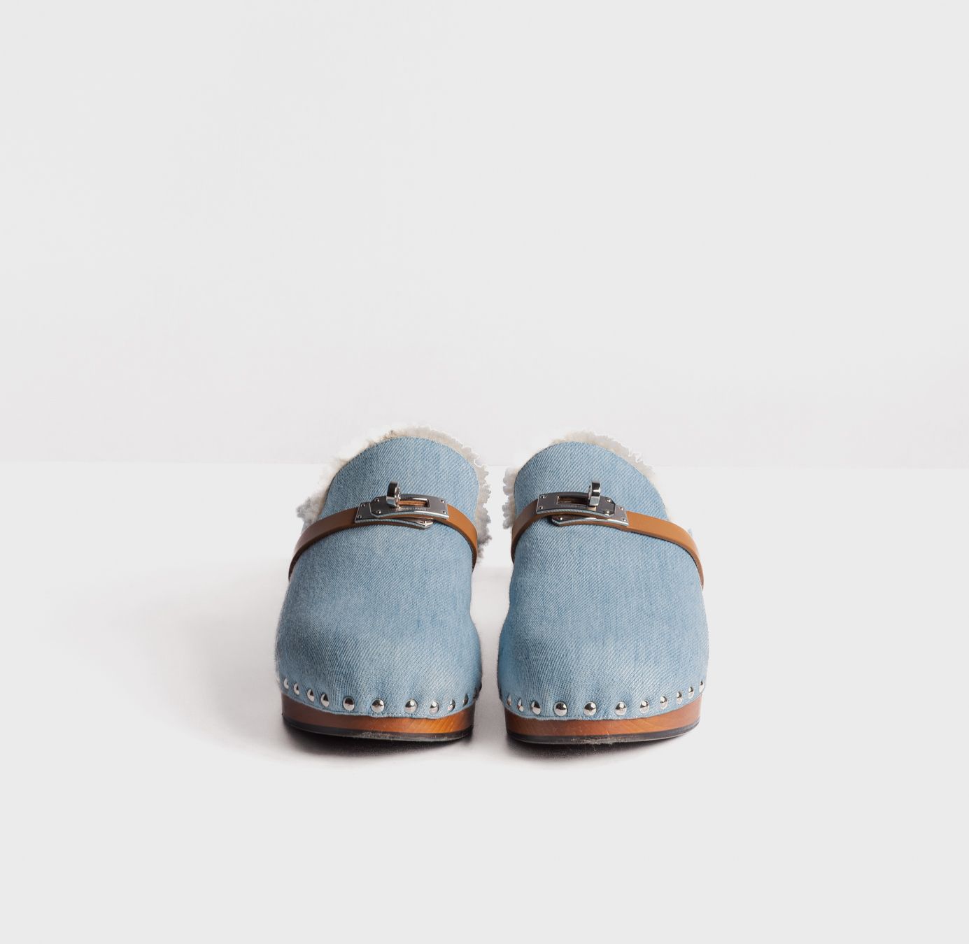 HERMÈS - SABOT SANDALS KELLY BUCKLE DENIM GOLD LEATHER SILVER HARDWARE SIZE 39 EU