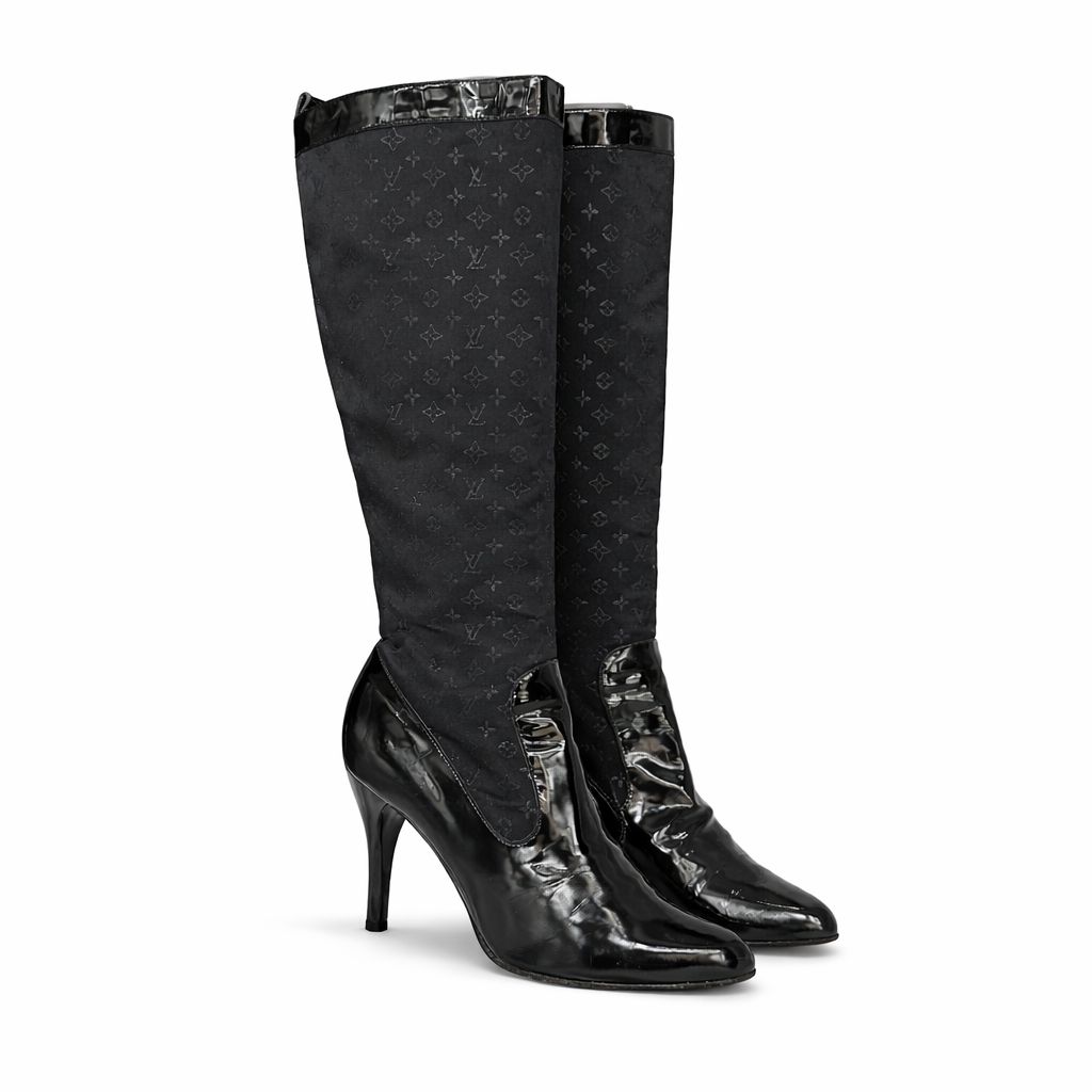 LOUIS VUITTON - HIGH BOOTS BLUE PATENT LEATHER & MONOGRAM CANVAS SIZE 39,5 EU