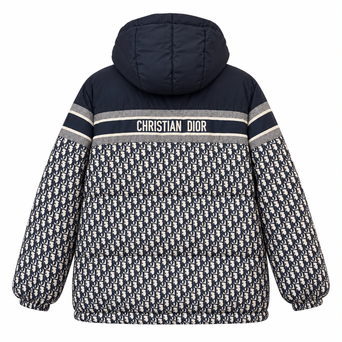 DIOR - LONG PUFFER JACKET REVERSIBLE HOODED OBLIQUE MONOGRAM IN NAVY BLUE & BLACK SIZE XS