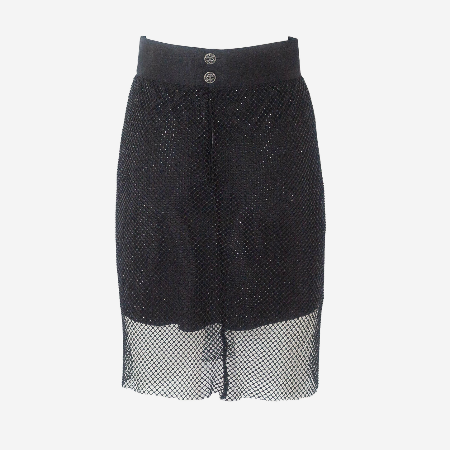 CHANEL - SKIRT BLACK CRYSTALS WHITE CAMELIA WITH LINING SIZE 36 FR