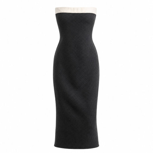 CHANEL - DRESS COCKTAIL BLACK WITH WHITE LEATHER TRIM SIZE 36 FR