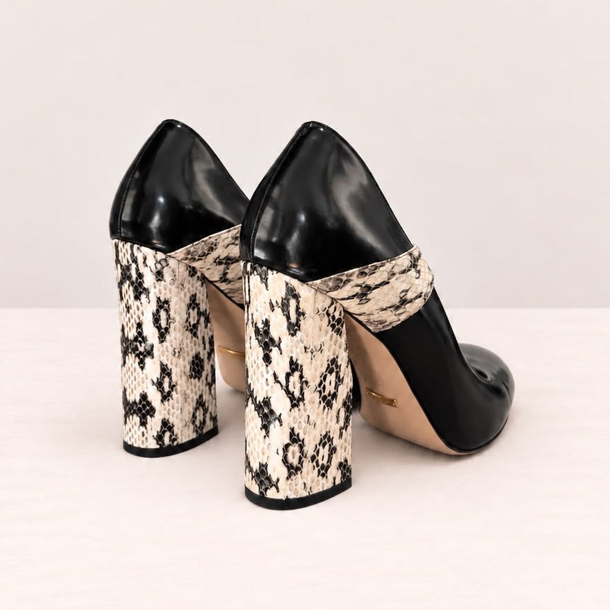 GUCCI - PUMPS MARY JANE BLACK LEATHER & BEIGE WATER SNAKE SIZE 39,5 EU