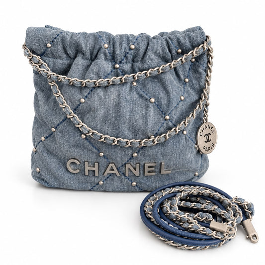 CHANEL – BAG MINI CHANEL 22 QUILTED BLUE DENIM WITH STUDS & SILVER-TONE HARDWARE
