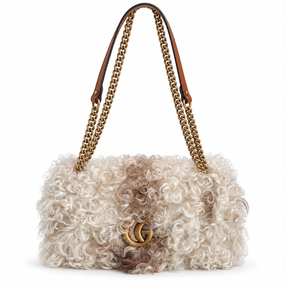 GUCCI - SHOULDER BAG GG MARMONT CURLY SHEARLING IN IVORY & TAUPE WITH ANTIQUE GOLD HARDWARE