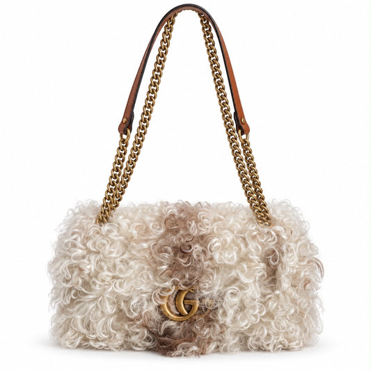 GUCCI - SHOULDER BAG GG MARMONT CURLY SHEARLING IN IVORY & TAUPE WITH ANTIQUE GOLD HARDWARE