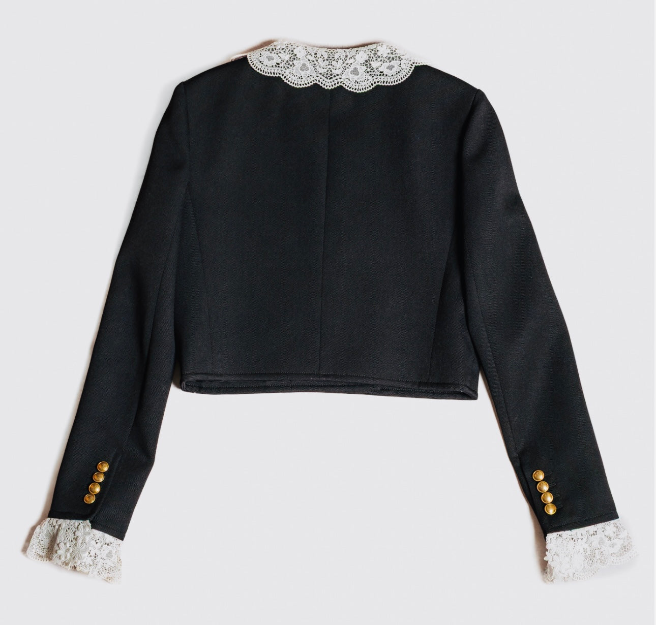 SAINT LAURENT - JACKET CROPPED DOUBLE-BREASTED WOOL BLACK WHITE LACE TRIM SIZE 38 FR
