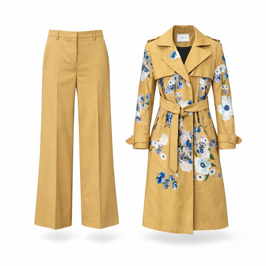 ERDEM - SET TRENCH & TROUSERS CAMEL EMBROIDERED SIZE 42 FR