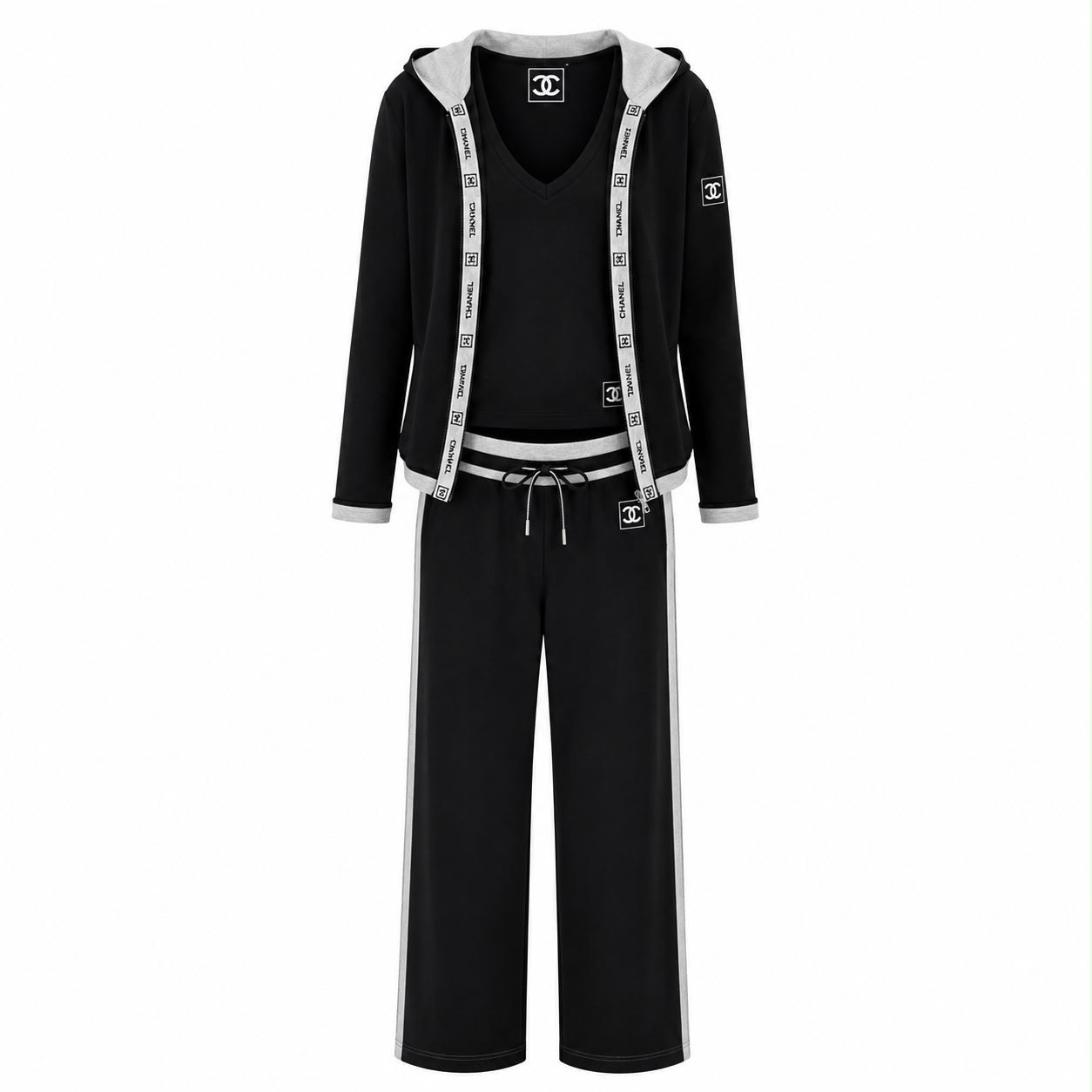 CHANEL - SET JOGGER WITH HOODIE, TANK TOP AND TROUSERS BLACK AND SILVER SIZE 40 FR