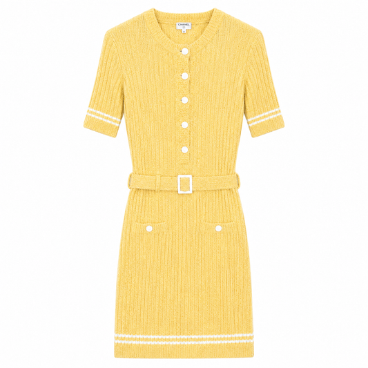 CHANEL - DRESS MIDI BELTED KNIT YELLOW & WHITE SIZE 36 FR