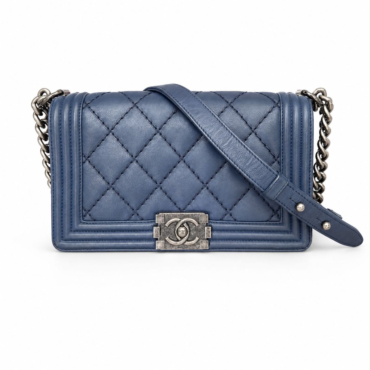 CHANEL - BAG BOY BLUE CALFSKIN AGED SILVER HARDWARE MEDIUM