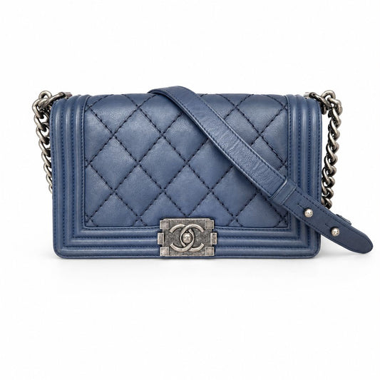 CHANEL - BAG BOY BLUE CALFSKIN AGED SILVER HARDWARE MEDIUM