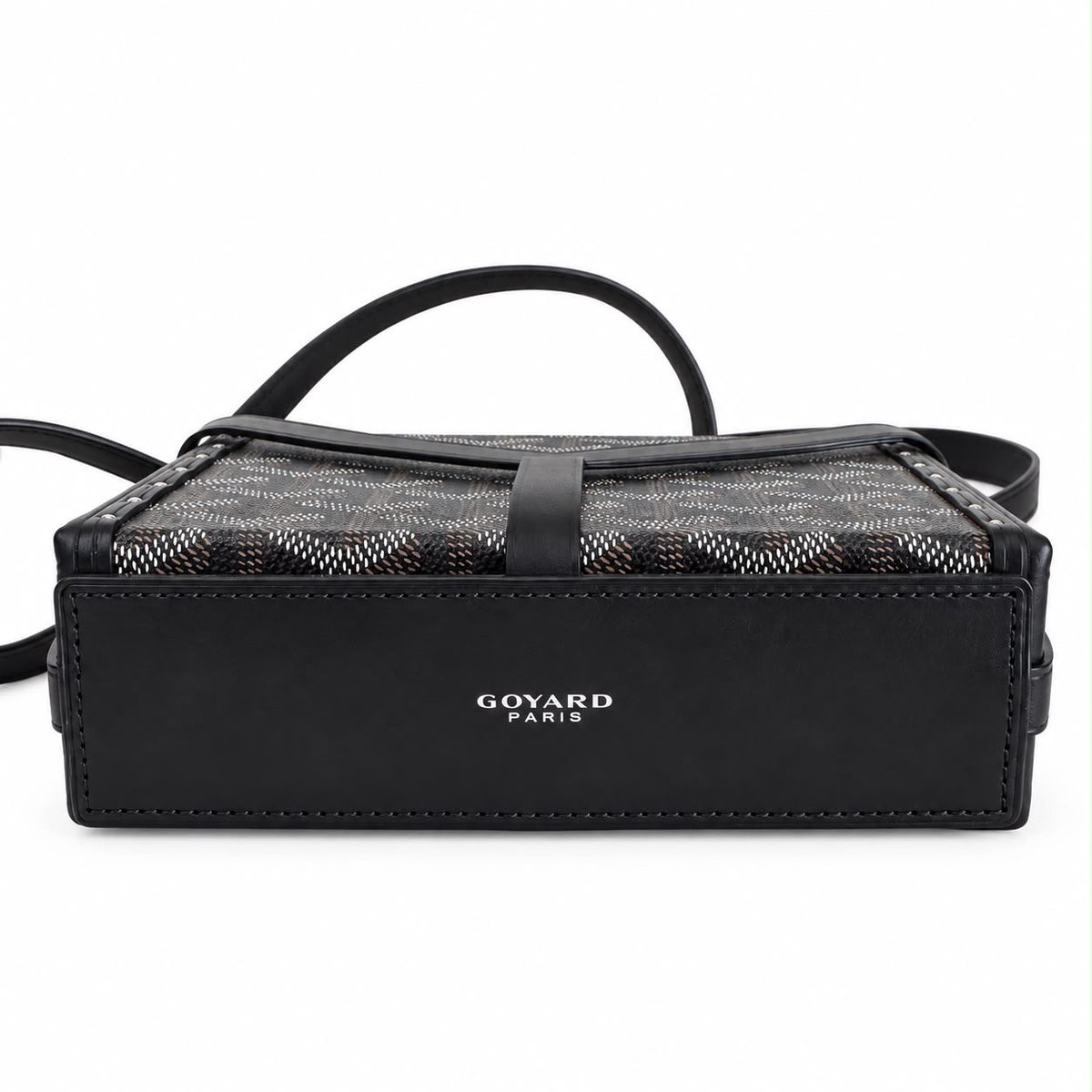 GOYARD - MINI TRUNK SHOULDER BAG IN BLACK GOYARDINE CANVAS WITH BLACK LEATHER TRIM & SILVER-TONE HARDWARE