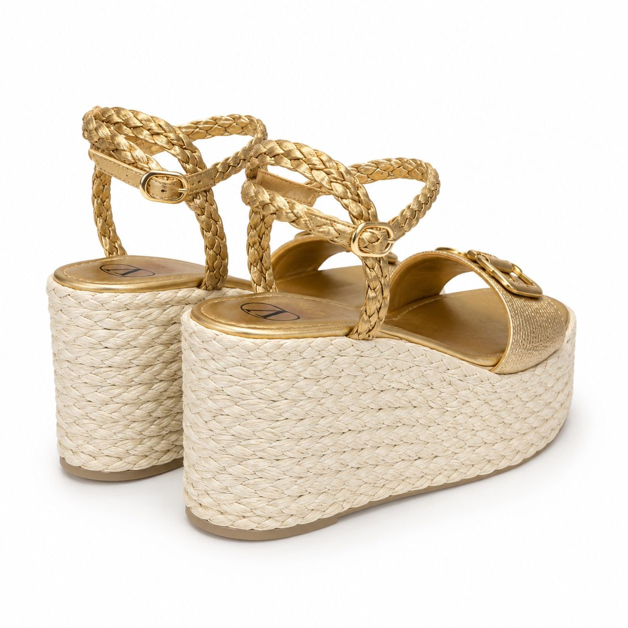 VALENTINO - WEDGE SANDALS VLOGO GOLD LEATHER AND RAFFIA SIZE 40 EU