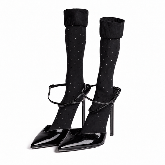 SAINT LAURENT - *NEW* PUMPS BLACK PATENT LEATHER POINTED-TOE WITH RHINESTONE-EMBELLISHED KNEE-HIGH SOCKS SIZE 39 EU
