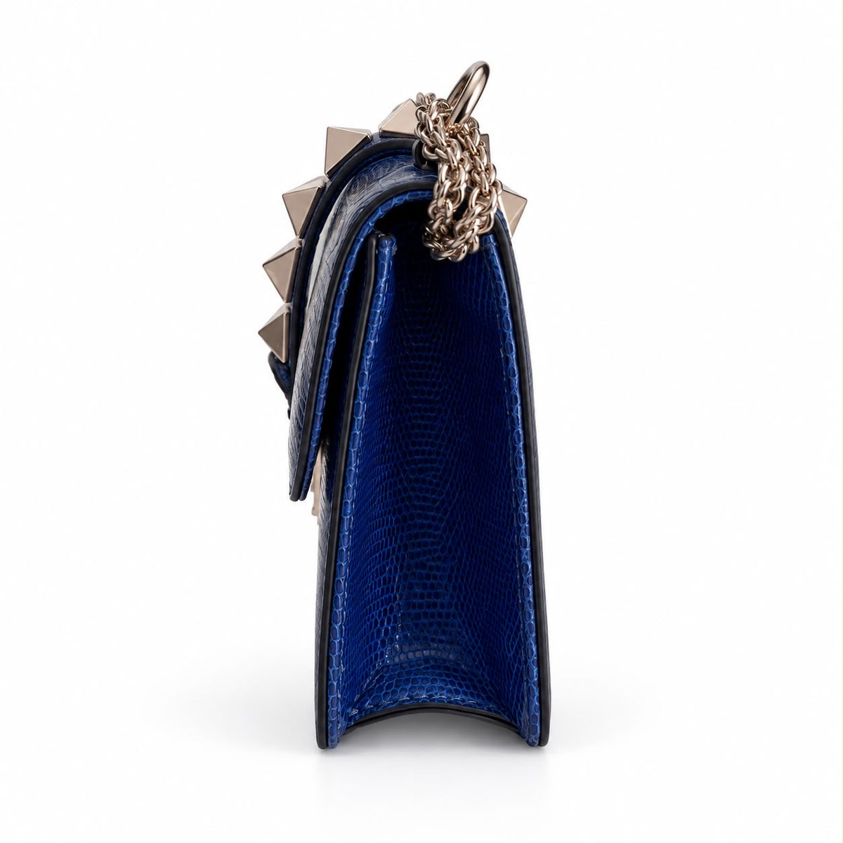 VALENTINO - BAG ROCKSTUD GLAM LOCK BLUE LIZARD-EMBOSSED LEATHER SILVER-TONE HARDWARE