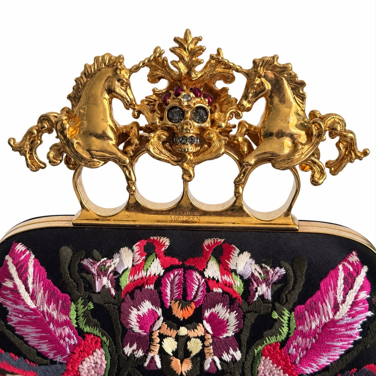 ALEXANDER MCQUEEN - CLUTCH KNUCKLE BOX BLACK MULTICOLOR FLORAL EMBROIDERED WITH GOLD-TONE HARDWARE