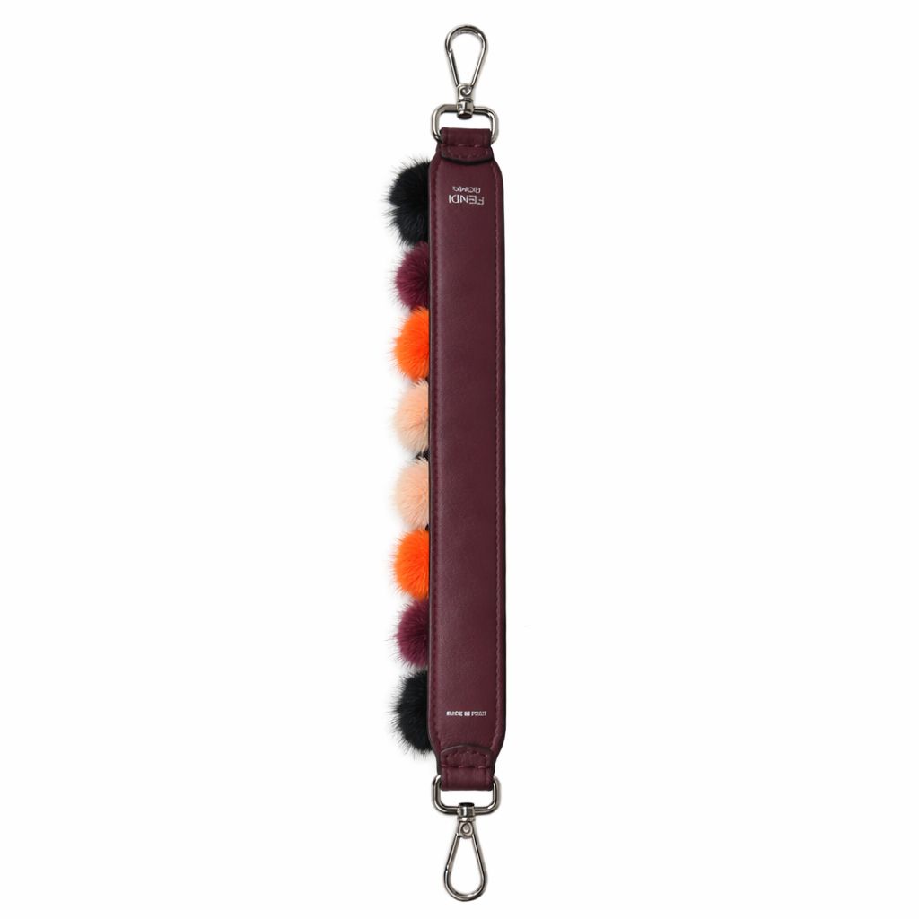 FENDI - STRAP BORDEAUX LEATHER WITH MULTICOLOR FUR POMPOMS