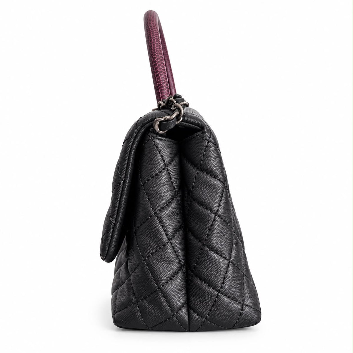 CHANEL - BAG COCO HANDLE BLACK QUILTED CAVIAR LEATHER WITH BURGUNDY EXOTIC LEATHER HANDLE