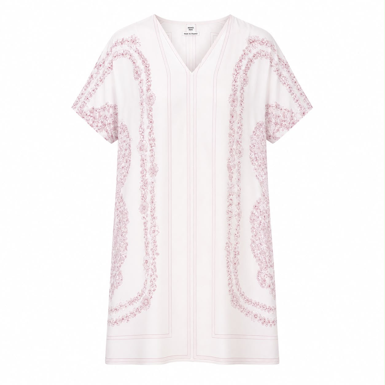 HERMÈS - DRESS MINI WHITE SILK WITH VIOLET PRINT AND BELT SIZE 34 FR