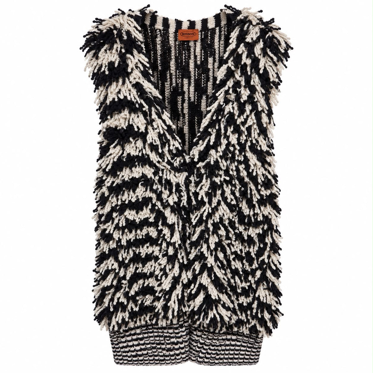 MISSONI – LONG VEST BLACK & WHITE FRINGED KNIT– SIZE IT 44