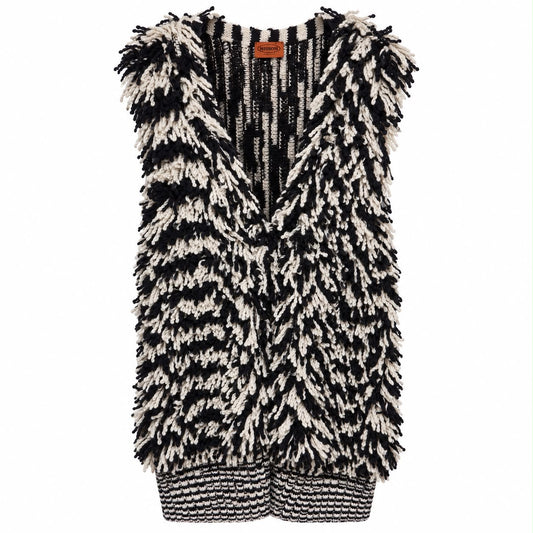 MISSONI – LONG VEST BLACK & WHITE FRINGED KNIT– SIZE IT 44