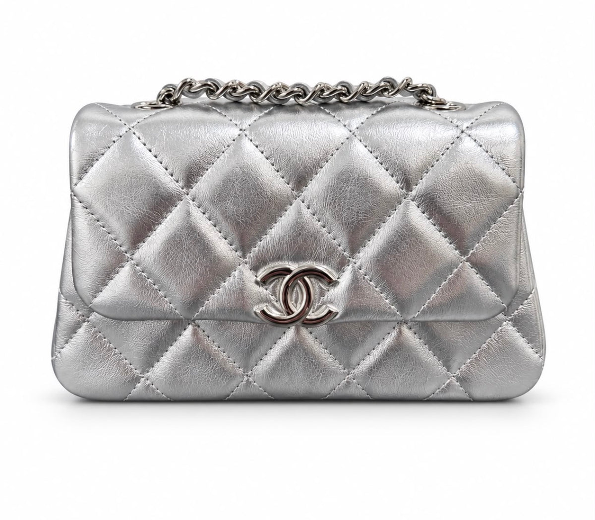 CHANEL - *NEW* BAG CLASSIC FLAP MINI SILVER LAMBSKIN SILVER HARDWARE