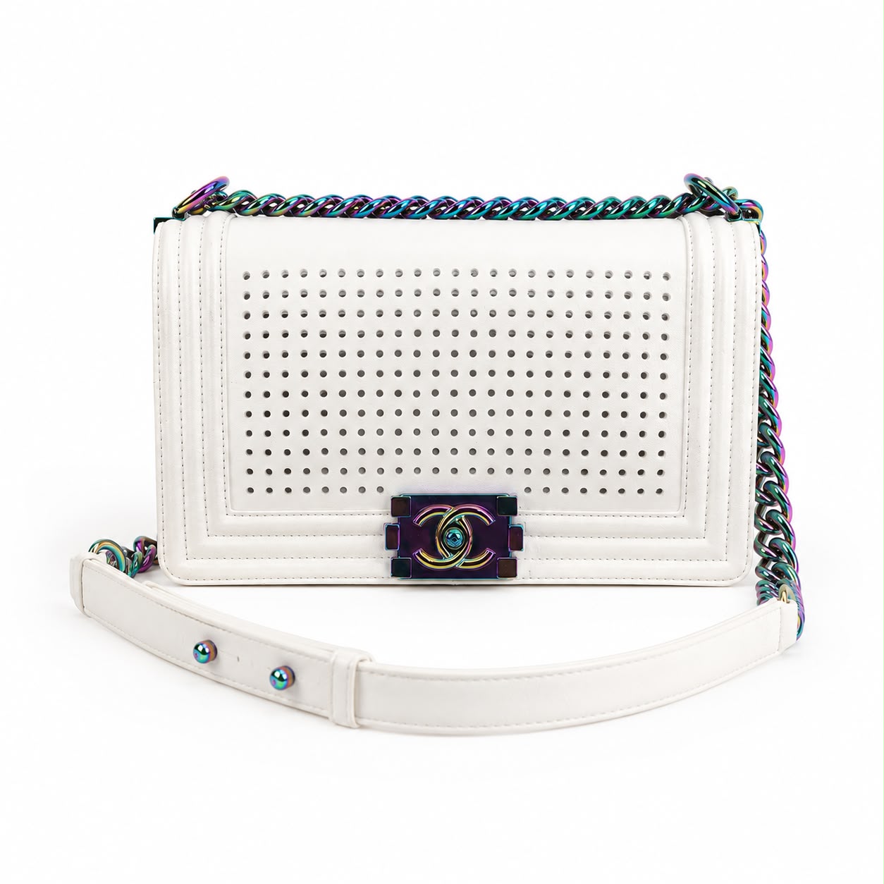 CHANEL - *RARE* BAG BOY MEDIUM LED WHITE LAMBSKIN WITH RAINBOW HARDWARE