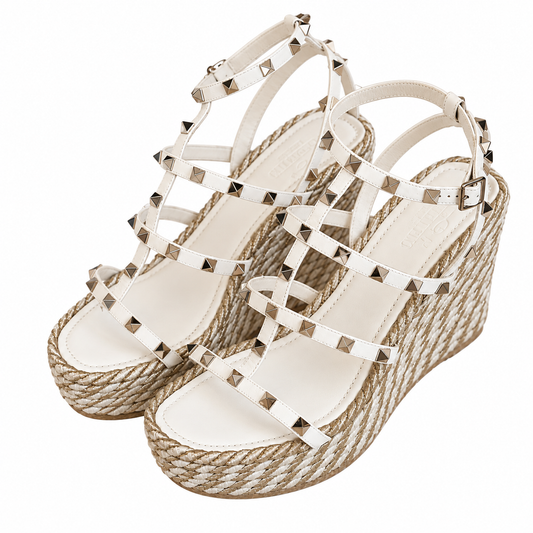 VALENTINO - WEDGE SANDALS ROCKSTUD WHITE LEATHER AND SILVER SIZE 41