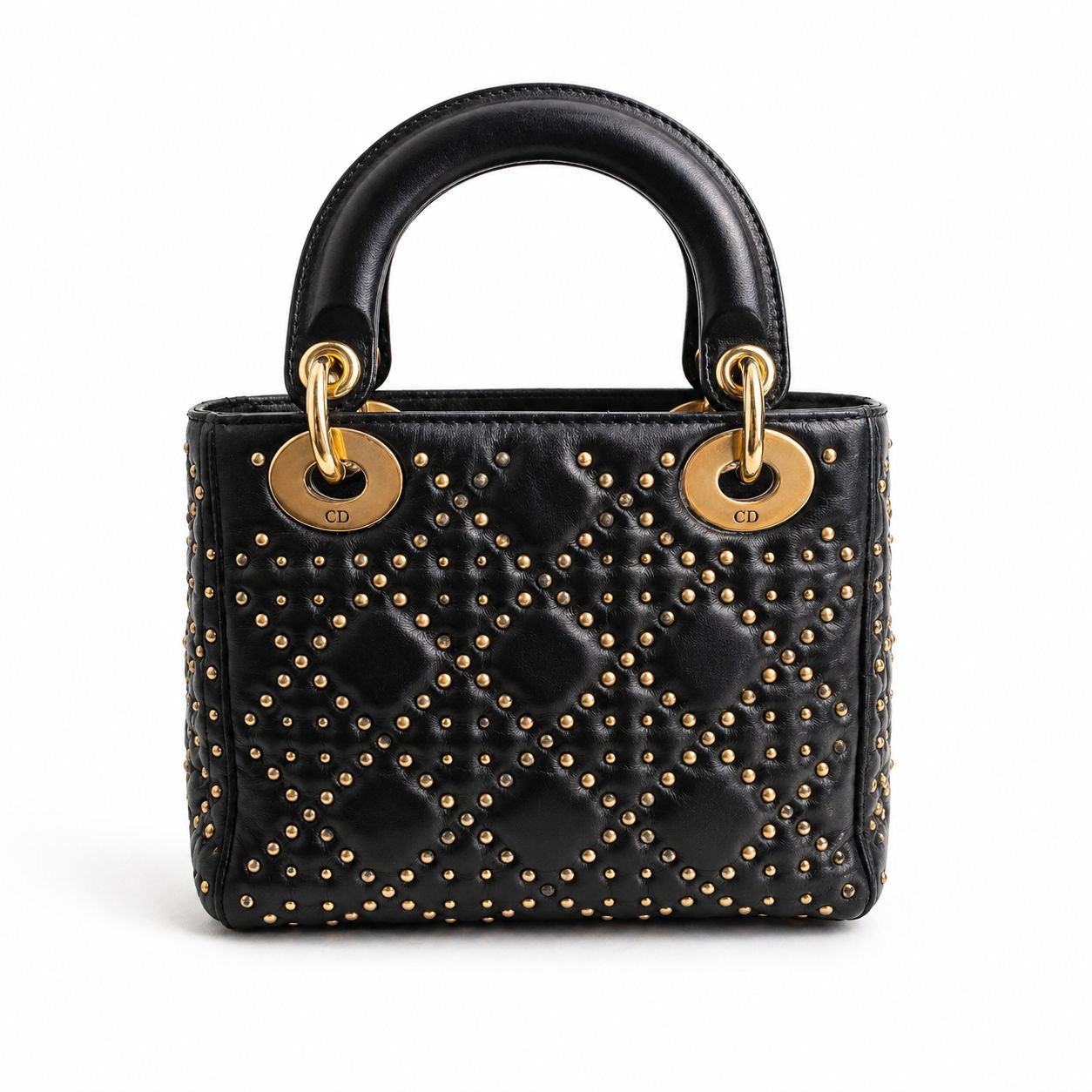 DIOR – LADY DIOR SMALL BLACK CANNAGE LEATHER BAG WITH GOLD STUDS AND SHOULDER STRAP