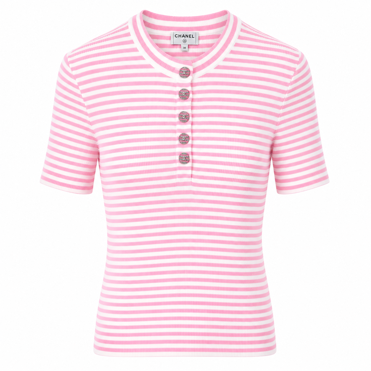 CHANEL - *COLLECTION 2024* T-SHIRT STRETCH PINK & WHITE STRIPED RIBBED SIZE 38 FR