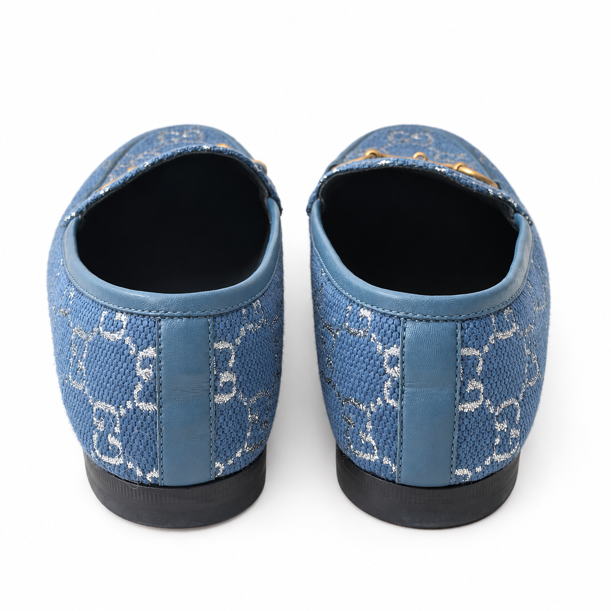 GUCCI - LOAFERS HORSEBIT BLUE GG MONOGRAM WITH SILVER-TONE EMBROIDERY SIZE 37 EU