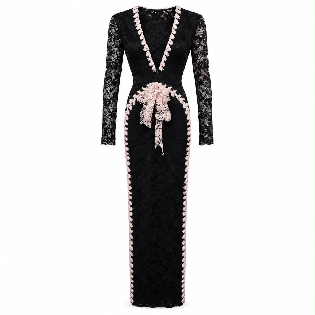 ALESSANDRA RICH – DRESS IN BLACK FLORAL LACE WITH PINK TRIM AND BOW IT 38 / FR 34