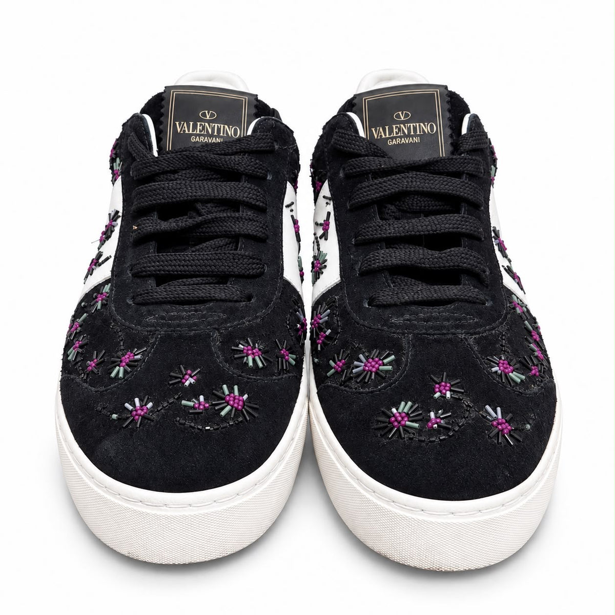 VALENTINO - SNEAKERS LOW FLYCREW BLACK SUEDE EITH FLORAL BEADE EMBROIDERY SIZE 37 EU