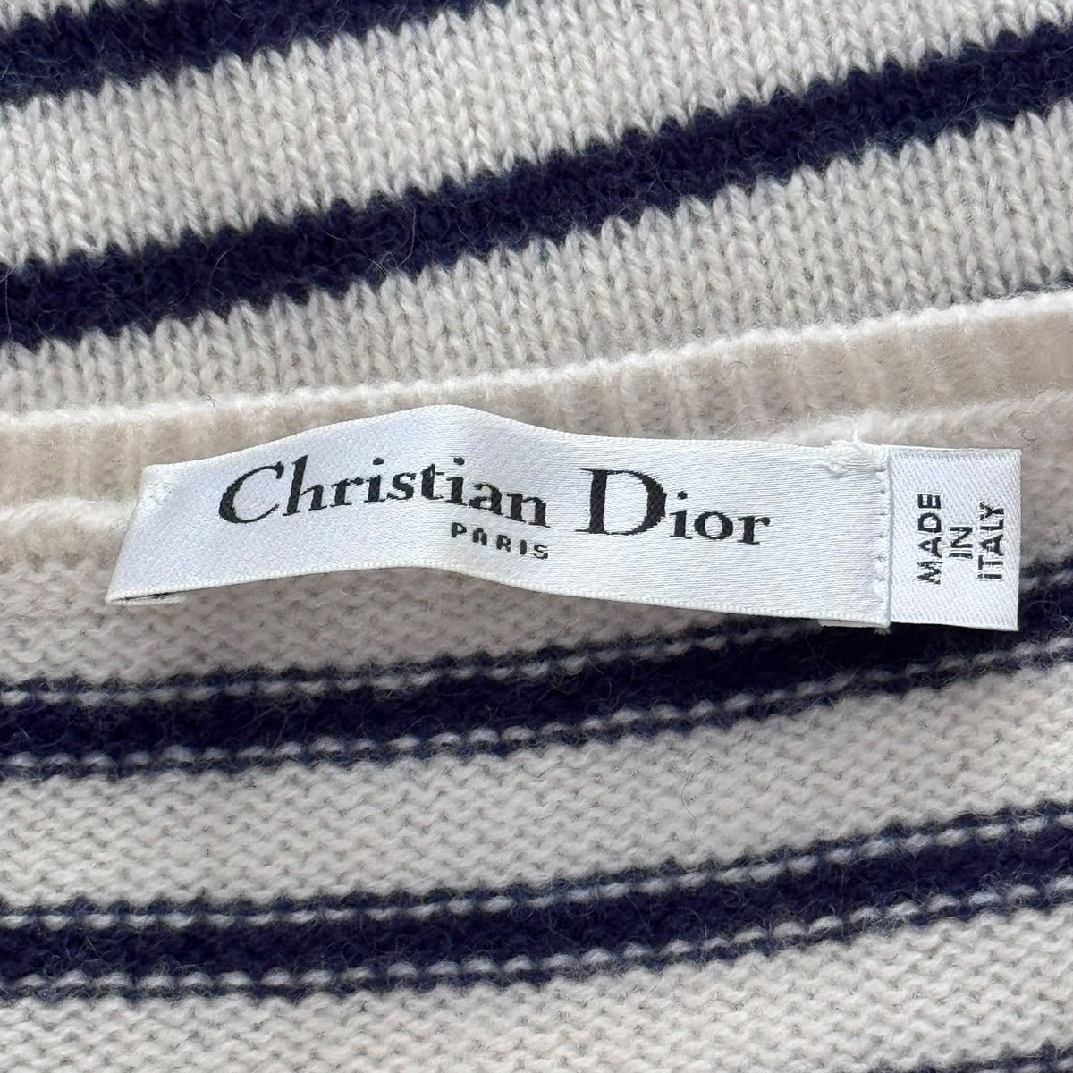 DIOR – SWEATER J’ADIOR ST TROPEZ IN IVORY AND NAVY STRIPED CASHMERE SIZE FR 34 / IT 38