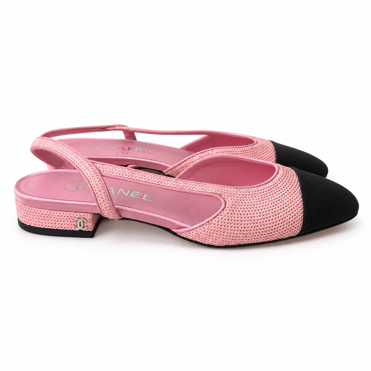 CHANEL - *NEW* SLINGBACK PINK SEQUIN-EMBELLISHED SIZE 37 EU