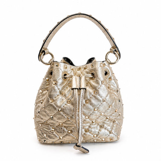 VALENTINO - *NEVER USED* BAG BUCKET ROCKSTUD GOLD LEATHER DOUBLE STRAP