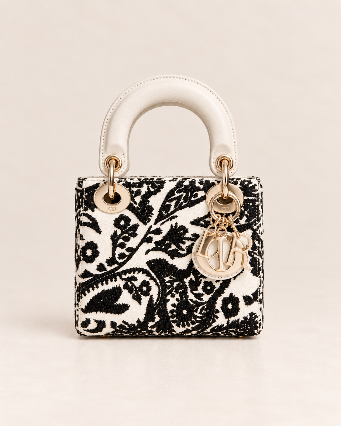 DIOR - *NEW LIMITED EDITION* BAG MINI LADY DIOR ECRU LEATHER WITH BLACK EMBROIDERY
