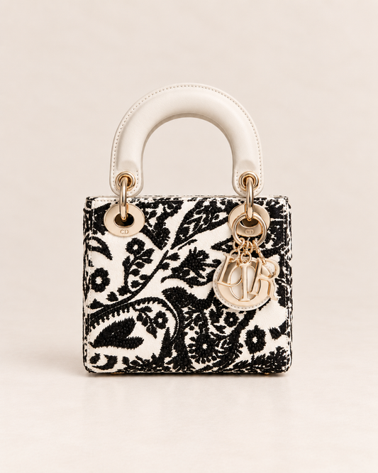 DIOR - *NEW LIMITED EDITION* BAG MINI LADY DIOR ECRU LEATHER WITH BLACK EMBROIDERY
