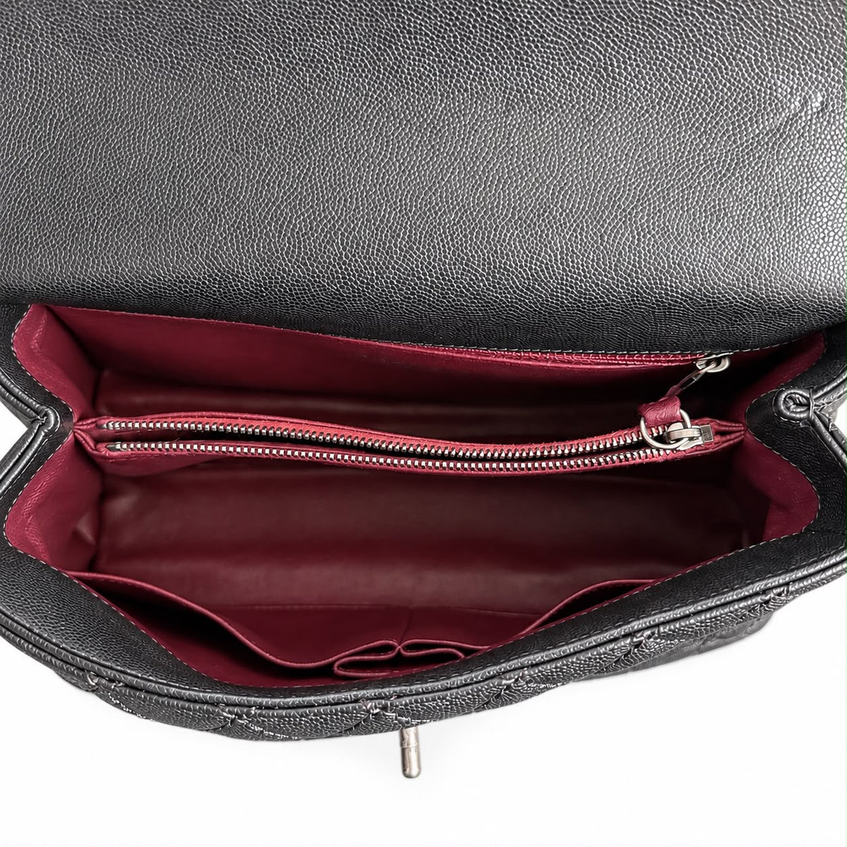 CHANEL - BAG COCO HANDLE BLACK QUILTED CAVIAR LEATHER WITH BURGUNDY EXOTIC LEATHER HANDLE