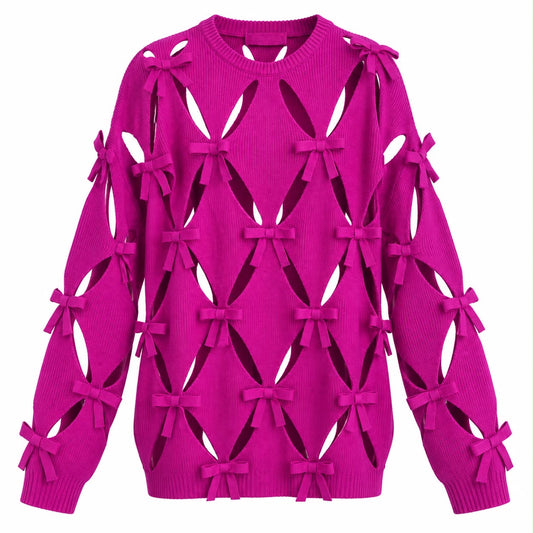 VALENTINO - SWEATER FUCHSIA PINK VIRGIN WOOL CUT-OUT WITH BOW DETAILS SIZE XS