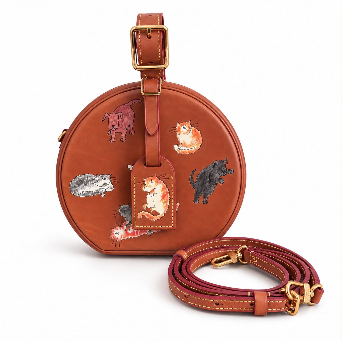 LOUIS VUITTON - BAG CATOGRAM ROUND HATBOX IN COGNAC BROWN LEATHER WITH CAT & DOG PRINT
