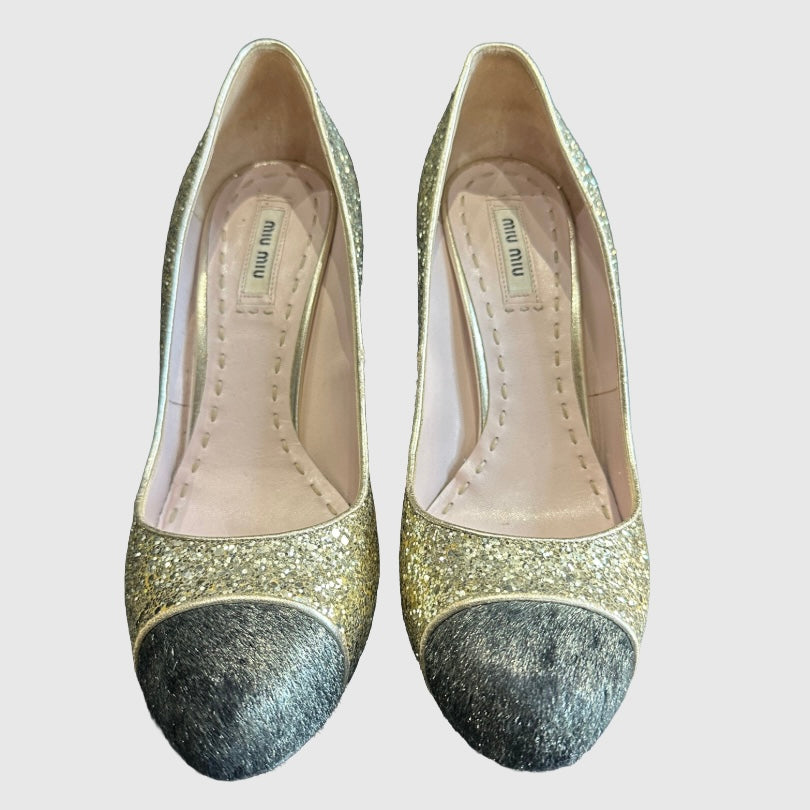 MIU MIU - PUMPS GOLD GLITTER & BLACK FOAL CALFSKIN SIZE 39,5 EU