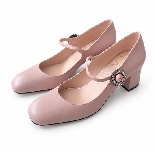 VALENTINO - PUMPS MARY JANE PINK LEATHER DAISY JEWEL SIZE 40,5 EU