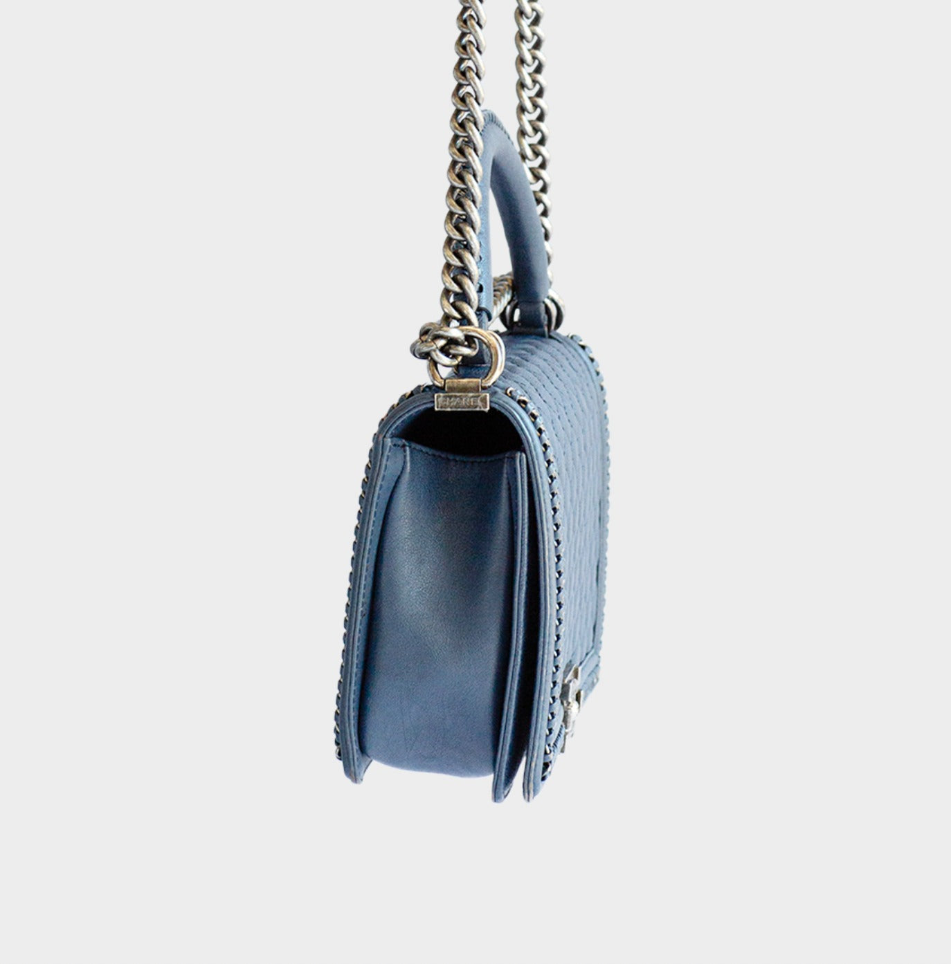 CHANEL - BAG BOY LARGE NAVY BLUE WITH RUTHENIUM CHAIN