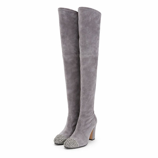 CASADEI - HIGH BOOTS GREY SUEDE WITH SILVER STUDDED TOE SIZE 35 EU
