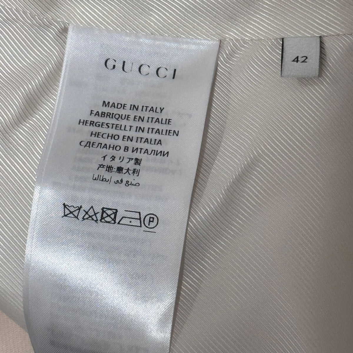 GUCCI – IVORY WOOL TROUSER SUIT WITH BLACK VELVET TRIM AND FLORAL APPLIQUÉS SIZE 42 IT